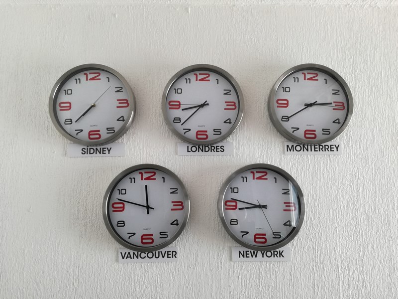 Clocks displaying timezone across the globe