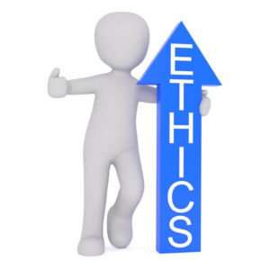 A figure holding a business ethics arrow